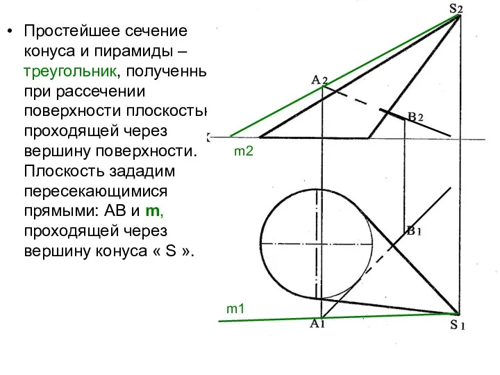 Простейшее сечение конуса и пирамиды –треугольник, полученный при рассечении поверхности плоскостью,