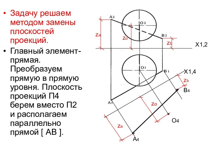 Задачу решаем методом замены плоскостей проекций. Главный элемент- прямая. Преобразуем прямую