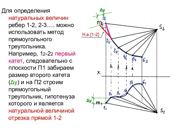 Для определения натуральных величин ребер 1-2, 2-3…. можно использовать метод прямоугольного