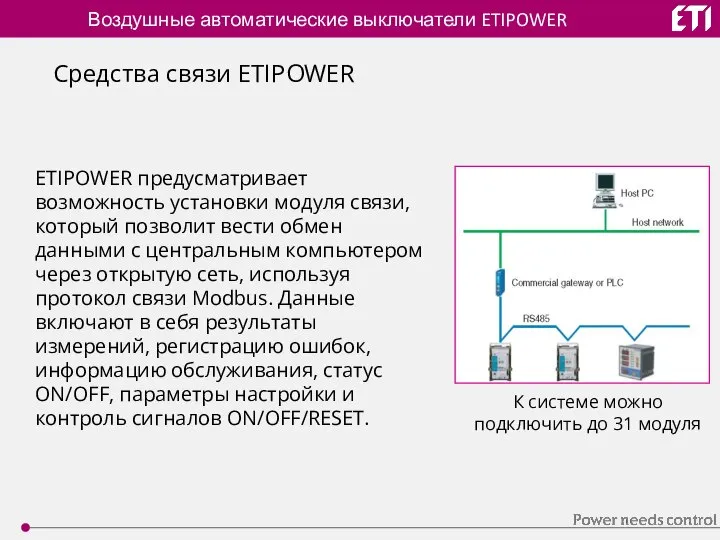 Воздушные автоматические выключатели ETIPOWER Средства связи ETIPOWER ETIPOWER предусматривает возможность установки