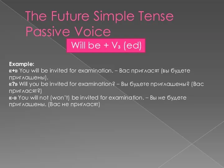 The Future Simple Tense Passive Voice Will be + V3 (ed)