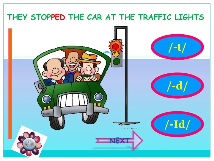 THEY STOPPED THE CAR AT THE TRAFFIC LIGHTS /-t/ /-d/ /-Id/ NEXT