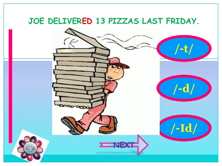/-Id/ JOE DELIVERED 13 PIZZAS LAST FRIDAY. /-t/ /-d/ NEXT