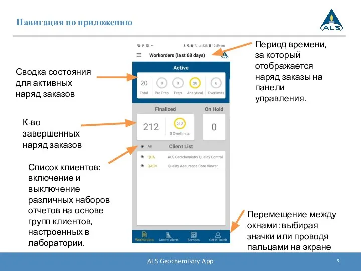 Навигация по приложению ALS Geochemistry App Период времени, за который отображается