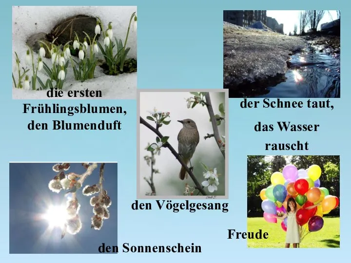 die ersten Frühlingsblumen, den Blumenduft der Schnee taut, das Wasser rauscht den Vӧgelgesang den Sonnenschein Freude