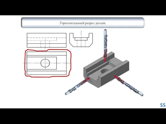 Вид спереди Вид слева Вид сверху Горизонтальный разрез детали. 55