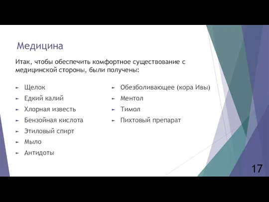 Медицина Щелок Едкий калий Хлорная известь Бензойная кислота Этиловый спирт Мыло