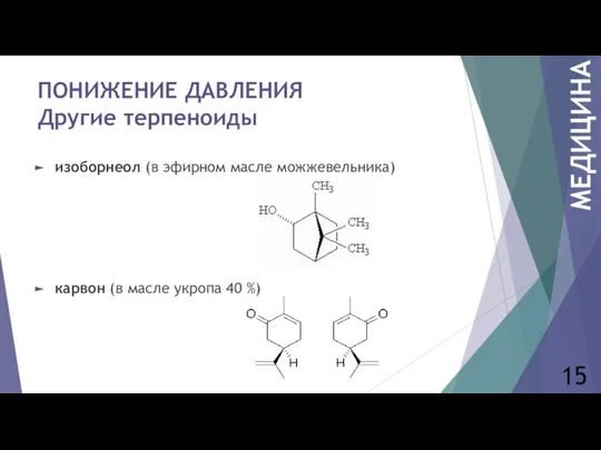 изоборнеол (в эфирном масле можжевельника) карвон (в масле укропа 40 %)