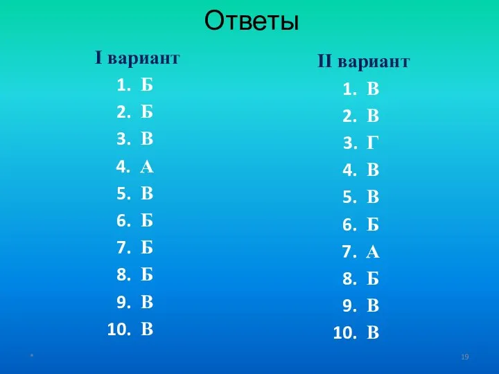 Ответы I вариант Б Б В А В Б Б Б