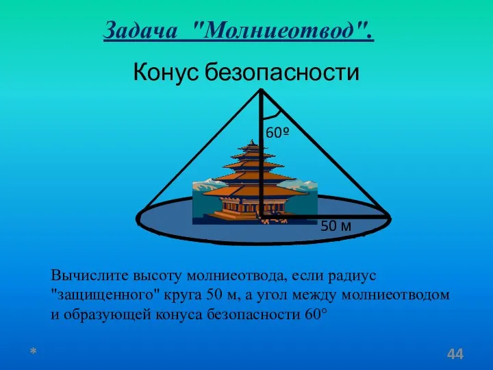 Конус безопасности 50 м 60º Задача "Молниеотвод". Вычислите высоту молниеотвода, если