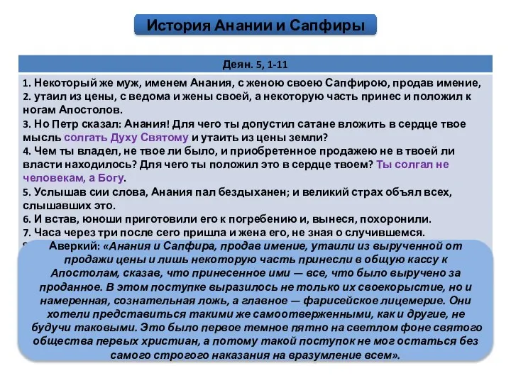 Аверкий: «Анания и Сапфира, продав имение, утаили из вырученной от продажи