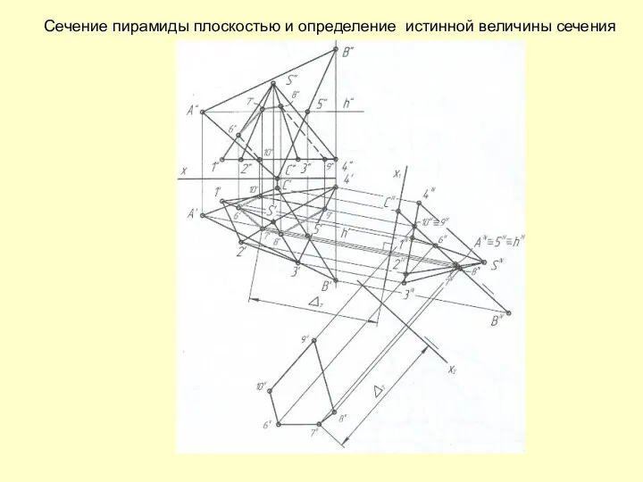 Сечение пирамиды плоскостью и определение истинной величины сечения