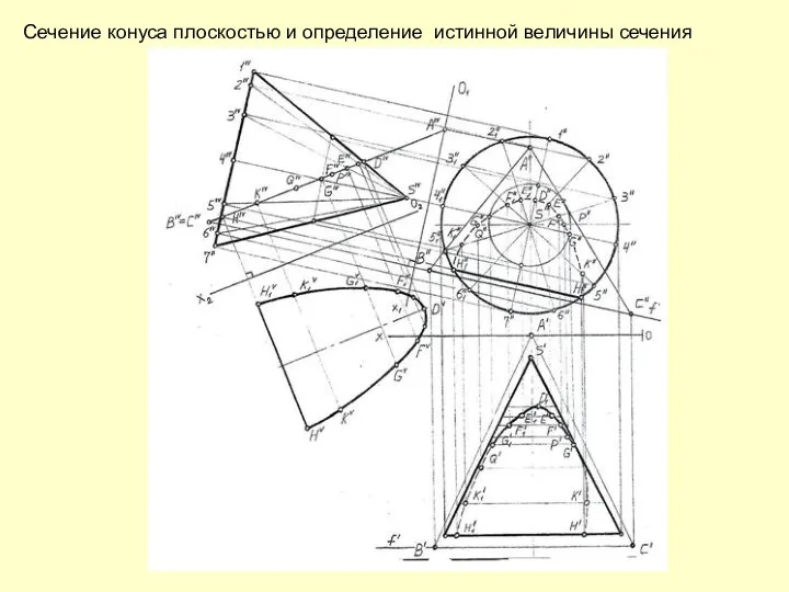 Сечение конуса плоскостью и определение истинной величины сечения