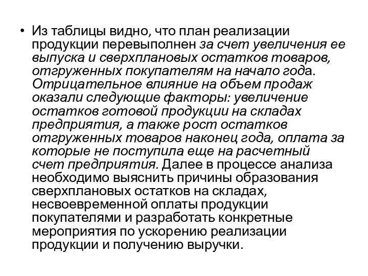 Из таблицы видно, что план реализации продукции перевыполнен за счет увеличения