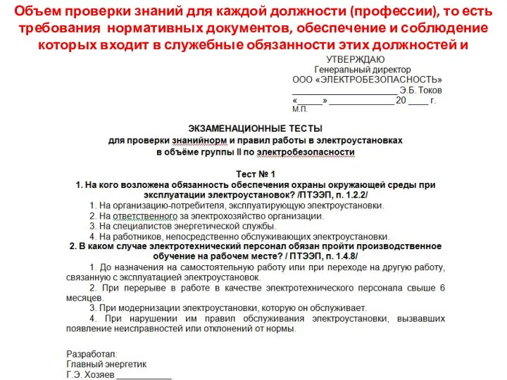 Объем проверки знаний для каждой должности (профессии), то есть требования нормативных