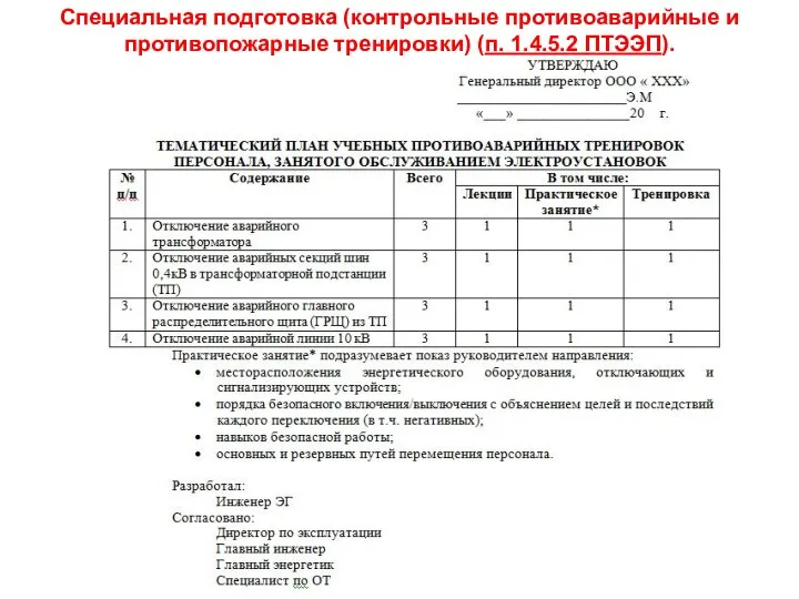 Специальная подготовка (контрольные противоаварийные и противопожарные тренировки) (п. 1.4.5.2 ПТЭЭП).