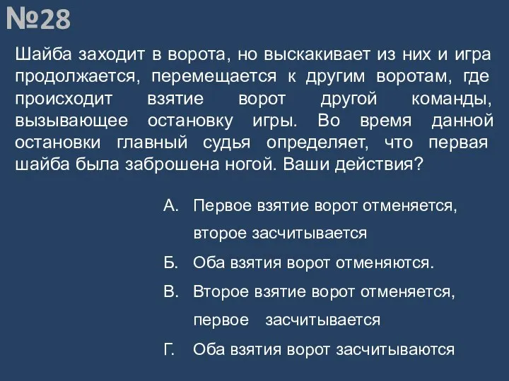 Вопрос №28 Шайба заходит в ворота, но выскакивает из них и