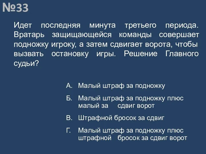 Вопрос №33 Идет последняя минута третьего периода. Вратарь защищающейся команды совершает