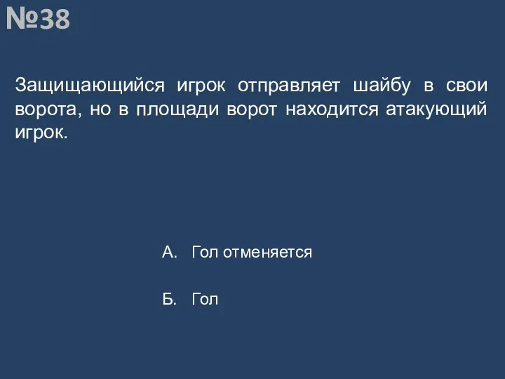 Вопрос №38 Защищающийся игрок отправляет шайбу в свои ворота, но в