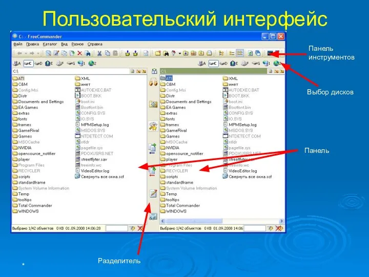Пользовательский интерфейс Панель инструментов Выбор дисков Панель Разделитель *