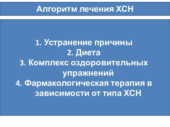 Алгоритм лечения ХСН Устранение причины Диета Комплекс оздоровительных упражнений Фармакологическая терапия в зависимости от типа ХСН