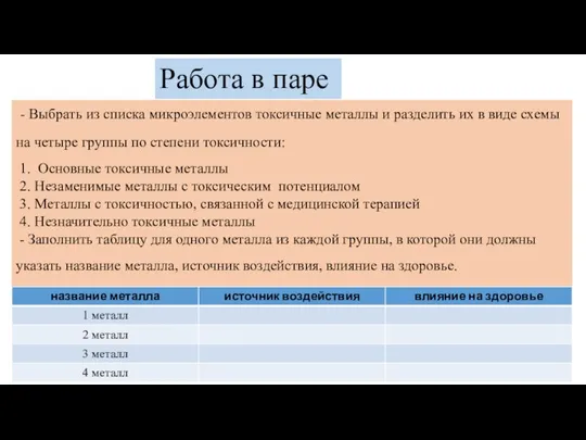 Работа в паре - Выбрать из списка микроэлементов токсичные металлы и