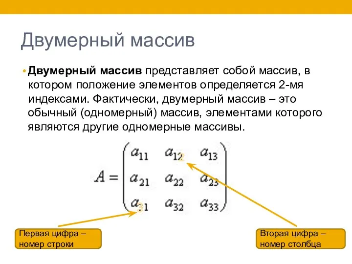 Двумерный массив Двумерный массив представляет собой массив, в котором положение элементов