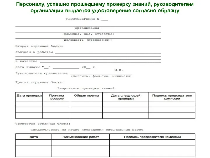 Персоналу, успешно прошедшему проверку знаний, руководителем организации выдается удостоверение согласно образцу