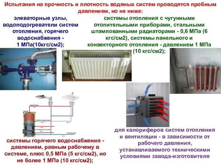 Испытания на прочность и плотность водяных систем проводятся пробным давлением, но