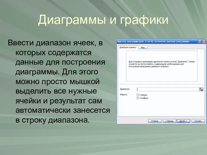 Диаграммы и графики Ввести диапазон ячеек, в которых содержатся данные для