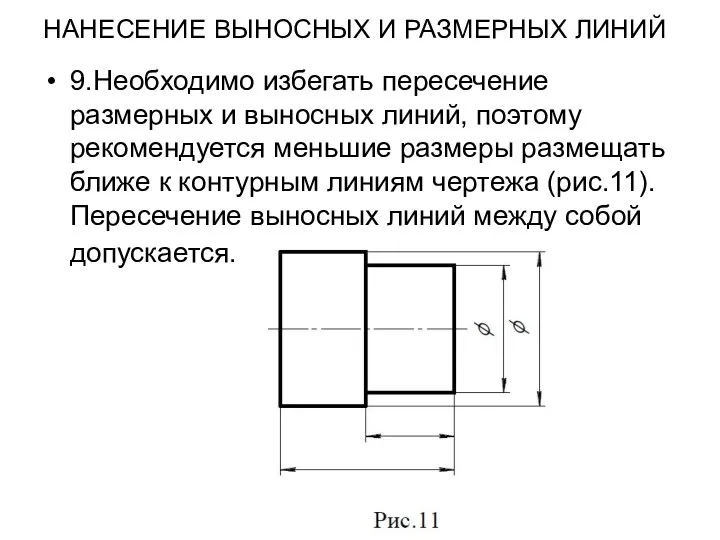 НАНЕСЕНИЕ ВЫНОСНЫХ И РАЗМЕРНЫХ ЛИНИЙ 9.Необходимо избегать пересечение размерных и выносных