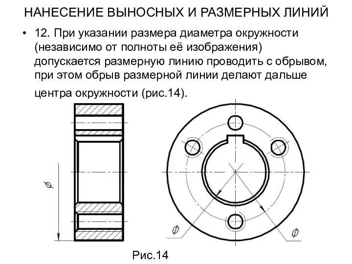 НАНЕСЕНИЕ ВЫНОСНЫХ И РАЗМЕРНЫХ ЛИНИЙ 12. При указании размера диаметра окружности