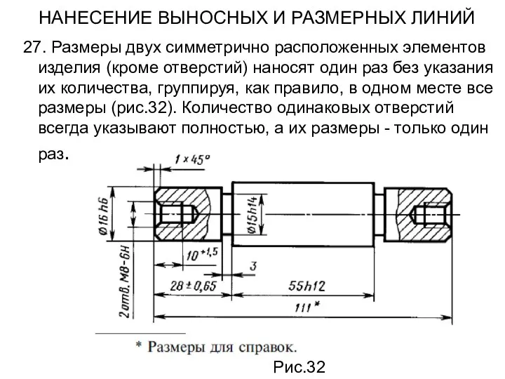 НАНЕСЕНИЕ ВЫНОСНЫХ И РАЗМЕРНЫХ ЛИНИЙ 27. Размеры двух симметрично расположенных элементов