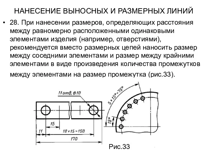 НАНЕСЕНИЕ ВЫНОСНЫХ И РАЗМЕРНЫХ ЛИНИЙ 28. При нанесении размеров, определяющих расстояния