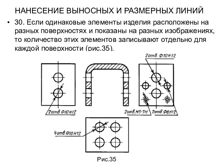 НАНЕСЕНИЕ ВЫНОСНЫХ И РАЗМЕРНЫХ ЛИНИЙ 30. Если одинаковые элементы изделия расположены