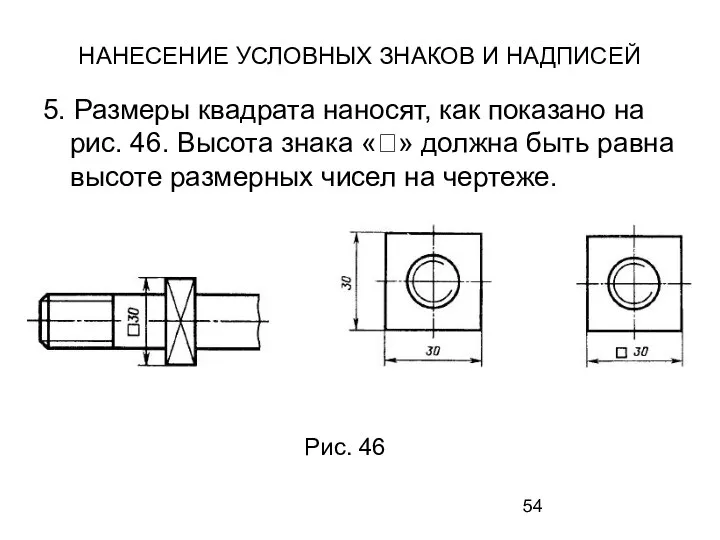 НАНЕСЕНИЕ УСЛОВНЫХ ЗНАКОВ И НАДПИСЕЙ 5. Размеры квадрата наносят, как показано