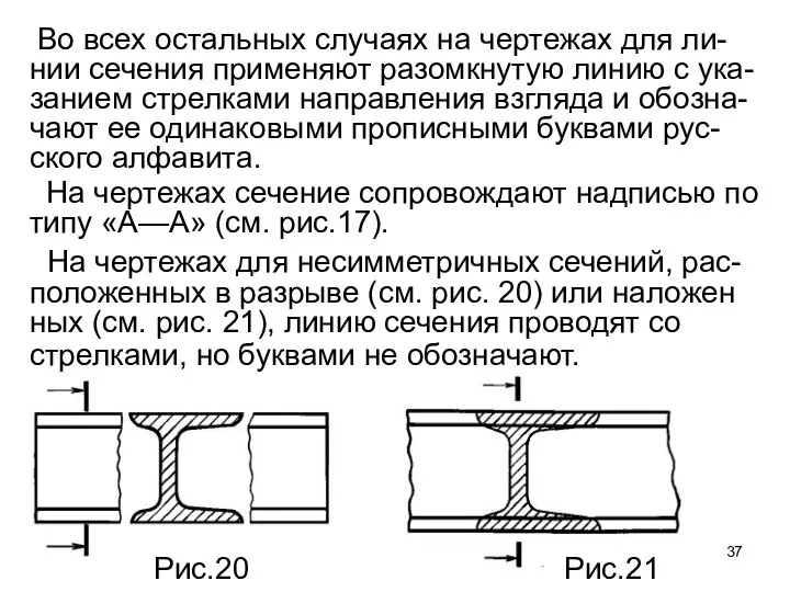 Во всех остальных случаях на чертежах для ли-нии сечения применяют разомкнутую