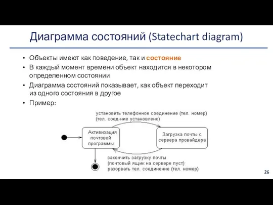 Диаграмма состояний (Statechart diagram) Объекты имеют как поведение, так и состояние