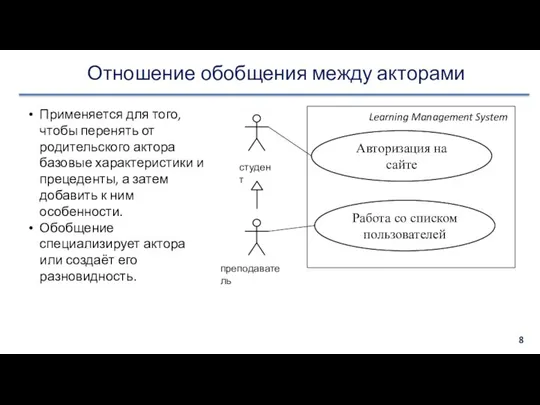 Отношение обобщения между акторами студент преподаватель Авторизация на сайте Работа со