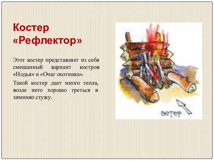 Костер «Рефлектор» Этот костер представляет из себя смешанный вариант костров «Нодья»