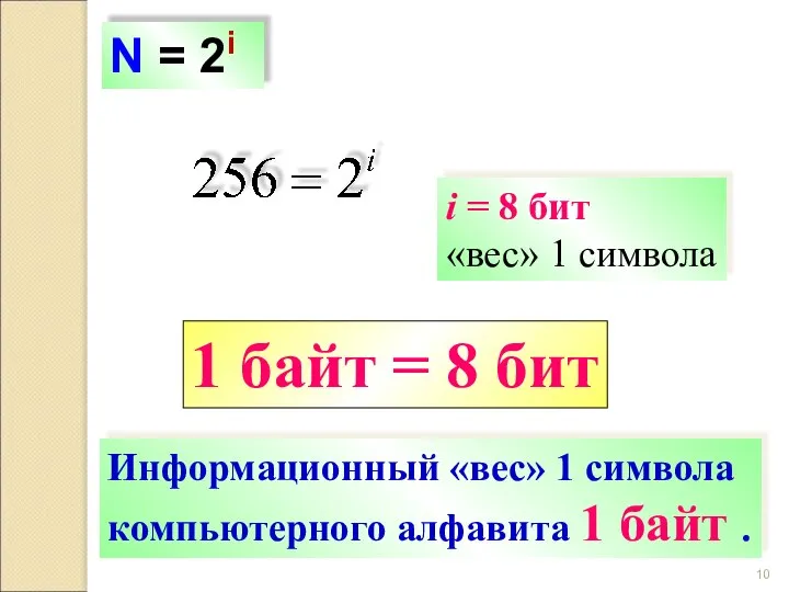 N = 2i i = 8 бит «вес» 1 символа 1