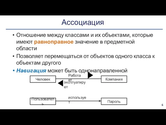 Ассоциация Отношение между классами и их объектами, которые имеют равноправное значение