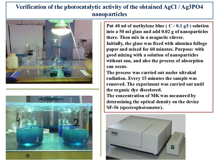 Verification of the photocatalytic activity of the obtained AgCl / Ag3PO4