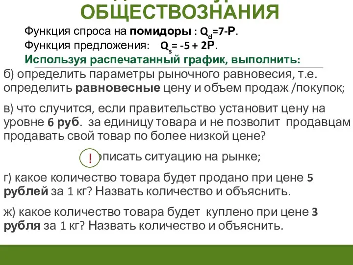 Задача 1. На уроке ОБЩЕСТВОЗНАНИЯ Функция спроса на помидоры : Qd=7-Р.