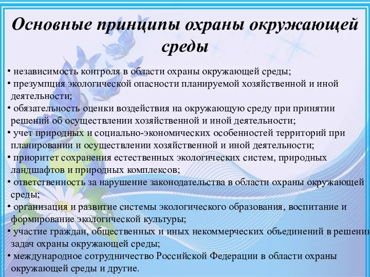 Основные принципы охраны окружающей среды независимость контроля в области охраны окружающей