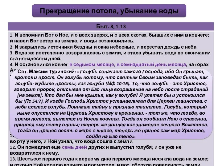 Прекращение потопа, убывание воды Свт. Максим Туринский: «Голубь означает самого Господа,