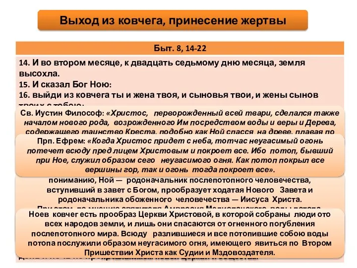 Выход из ковчега, принесение жертвы Рассматривая повествование о потопе, святые отцы