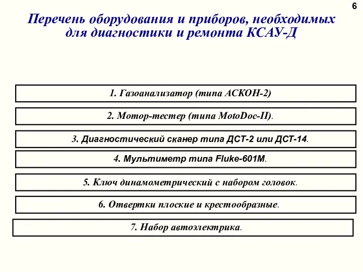 6 Перечень оборудования и приборов, необходимых для диагностики и ремонта КСАУ-Д