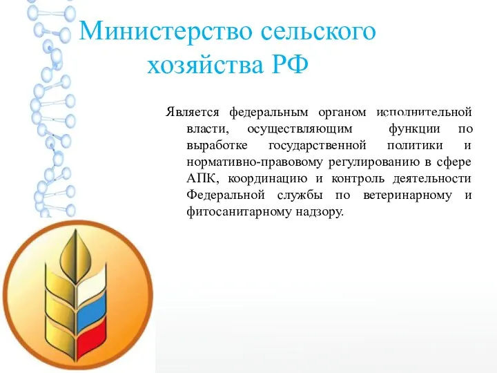 Министерство сельского хозяйства РФ Является федеральным органом исполнительной власти, осуществляющим функции
