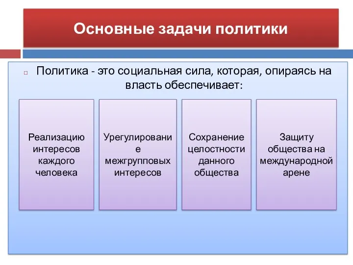 Основные задачи политики Политика - это социальная сила, которая, опираясь на